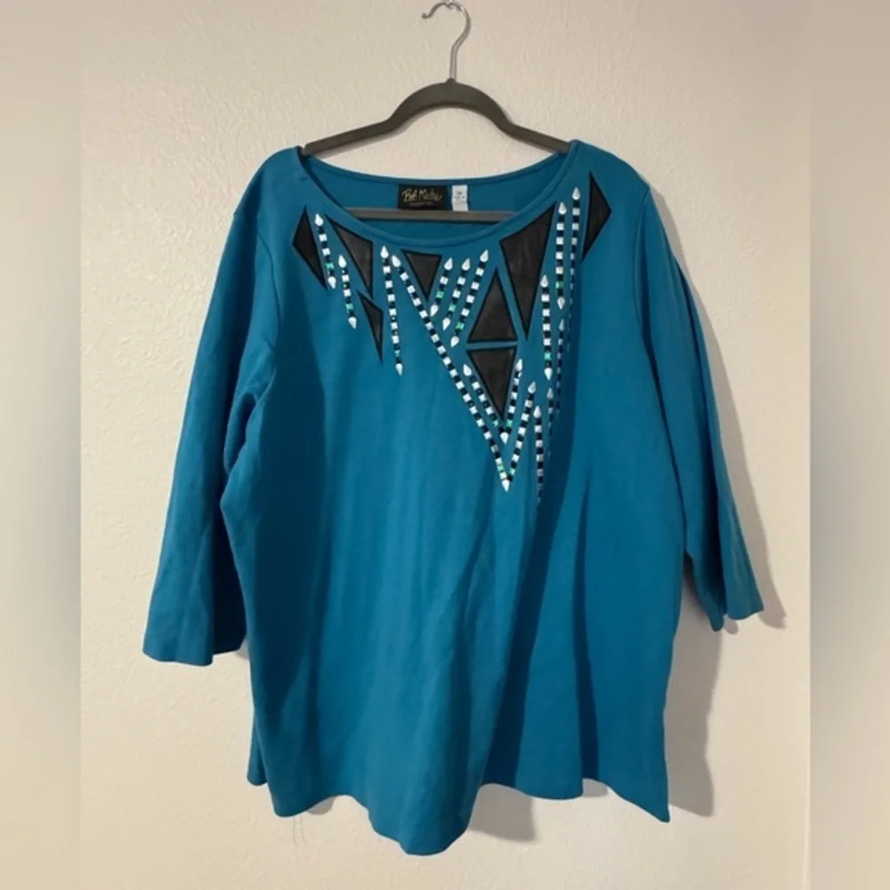 Bob Mackie Wearable Art Teal and Black Geometric Long Sleeve Top Size 2X